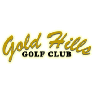 Gold Hills Golf Club logo: The words Gold Hills in a gold italic script with a black outline, above GOLF CLUB in bold black capitals on a gold band.