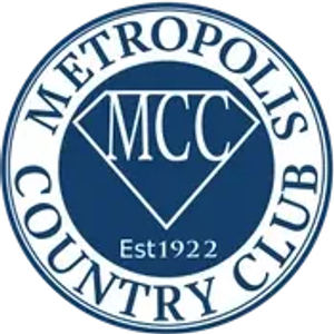 Metropolis Country Club logo: A navy blue circular seal with METROPOLIS arching over the top and COUNTRY CLUB curving below, enclosing a white diamond outline holding the letters MCC and the words Est 1922.