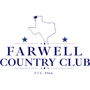 Farwell Country Club logo: A navy blue outline of the state of Texas with a small navy flag planted in its panhandle, two navy five-pointed stars either side, above the navy serif words FARWELL COUNTRY CLUB and EST. 1966.