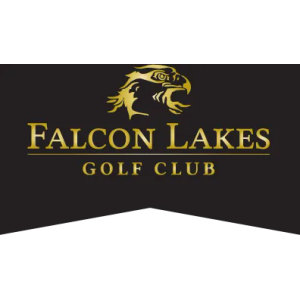 Falcon Lakes Golf Club logo: A gold falcon head in profile above the words Falcon Lakes and Golf Club in gold serif capitals, set on a black banner with a notched pennant bottom edge.