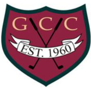 Gorham Country Club logo: A dark red shield outlined in dark green bearing the cream letters G C C above two crossed black golf clubs, with a white ribbon banner across the front reading EST. 1960.