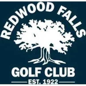 Redwood Falls Golf Club logo: A white tree with a broad canopy and exposed spreading roots on a navy blue rounded rectangle, with REDWOOD FALLS arched above it and GOLF CLUB over EST. 1922 below.