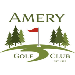 Amery Golf Club logo: A green scene logo with AMERY in dark green serif capitals above a green fairway mound flanked by clusters of dark green pine trees, a red flag on a flagstick in the centre, and GOLF CLUB with EST. 1922 beneath.