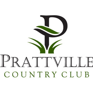 Prattville Country Club logo: A tall black serif letter P whose stem rises from green grass blades, set above PRATTVILLE in black serif capitals and COUNTRY CLUB in green capitals beneath.