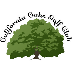 California Oaks Golf Club logo: A broad green oak tree with a brown trunk and exposed roots, with California Oaks Golf Club arched over the canopy in black script lettering.