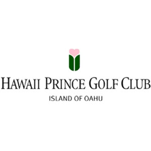 Hawaii Prince Golf Club logo: A stylised pink blossom sitting above two dark green upright leaves, set over HAWAII PRINCE GOLF CLUB in black serif capitals with ISLAND OF OAHU in smaller grey capitals beneath.