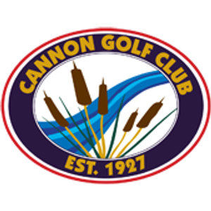 Cannon Golf Club logo: An oval crest with a red outer ring and a navy inner band carrying CANNON GOLF CLUB in gold capitals across the top and EST. 1927 across the bottom, enclosing a white centre with brown cattails and green reeds rising in front of a winding blue river.