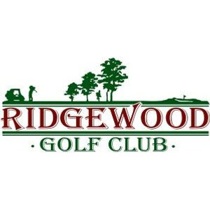 Ridgewood Golf Club logo: A skyline of dark green trees with a golf cart, a golfer and a flagstick on a green ridge line above the word RIDGEWOOD in dark red serif capitals and GOLF CLUB in green.