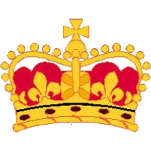 Queenfield Golf Club logo: A gold royal crown with red velvet caps, gold fleur-de-lis, a cross-topped orb and a gold band set with dark jewels.