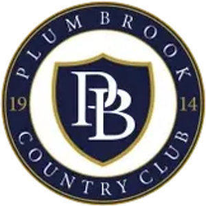 Plum Brook Country Club logo: A navy circular seal reading 'PLUM BROOK COUNTRY CLUB' and '19 14' around a navy shield with a gold border bearing a white interlocking PB monogram.