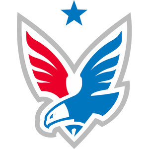 The Patriot Golf Club logo: A stylized eagle with one red and one blue swept-up wing and a blue head, outlined in grey, with a blue five-pointed star above.