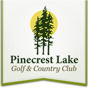 Pinecrest Lake Golf Club logo: A cream pennant banner with green border showing a cluster of tall dark green pine trees in front of a yellow sun, above the words Pinecrest Lake Golf & Country Club.