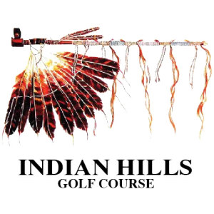 Indian Hills Golf Club logo: A ceremonial peace pipe hung with red, black and orange feathers above the black words Indian Hills Golf Course.