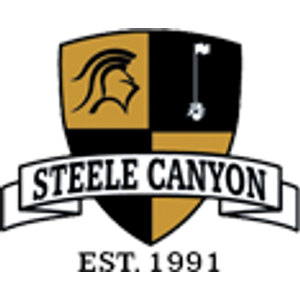 Steele Canyon Golf Club logo: A quartered gold and black shield with a Spartan warrior helmet and a white flagstick, wrapped by a white ribbon reading Steele Canyon, with Est. 1991 below.