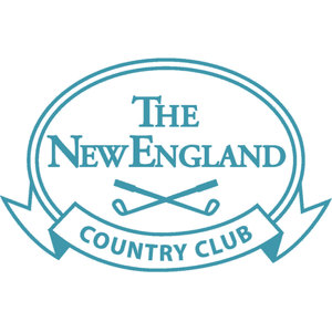 New England Country Club logo: A teal oval with a ribbon banner reading Country Club beneath the words The New England and two crossed golf clubs.