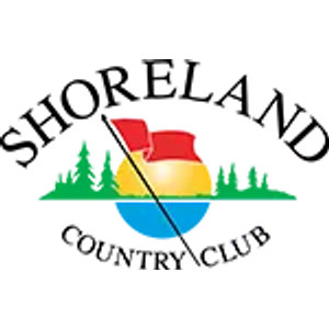 Shoreland Country Club logo: A red flag on a flagstick planted in a yellow and orange sun setting over a blue lake, flanked by green pine trees, with Shoreland arched above and Country Club curved below in black.