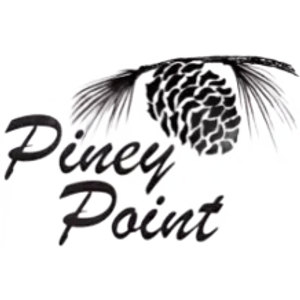 Piney Point Golf Club logo: A black pine cone hanging from a sprig of long pine needles above the words Piney Point in black brush script.