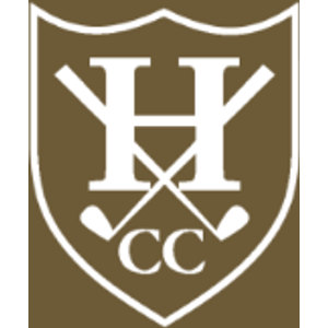 Hillwood Country Club logo: A white-outlined shield on a brown square with a white serif H over crossed golf clubs and the letters CC below.