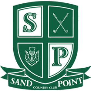 Sand Point Country Club logo: A green quartered shield with the letters S and P, crossed golf clubs with a golf ball, and a thistle in its quarters, above a green ribbon banner reading SAND POINT COUNTRY CLUB.