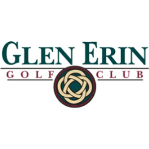Glen Erin Golf Club logo: Dark green serif GLEN ERIN lettering over GOLF CLUB in maroon, with a gold Celtic knot inside a maroon-ringed green circle at the centre.