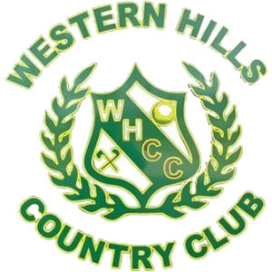 Western Hills Country Club logo: A green shield bearing the letters W H C C, a golf ball and crossed clubs, framed by a green laurel wreath with WESTERN HILLS arched above and COUNTRY CLUB curved below.