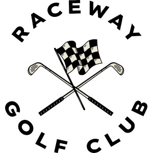 Raceway Golf Club logo: A black and cream circular badge with 'RACEWAY' arched over a waving checkered racing flag above crossed golf irons, with 'GOLF CLUB' arched below.