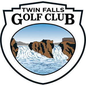 Twin Falls Golf Club logo: A white shield-shaped crest outlined in black with 'TWIN FALLS GOLF CLUB' in black serif letters above an oval scene of two white waterfalls cascading between brown canyon cliffs into blue water under a blue sky.