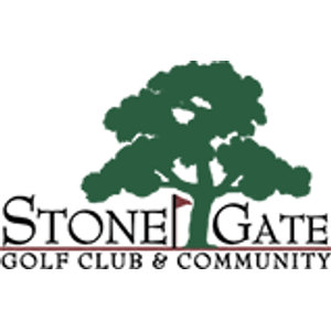 Stonegate Golf Club logo: A large dark green oak-like tree above 'STONE GATE' in black serif capitals with a red flag on a flagstick standing between the words, and 'GOLF CLUB & COMMUNITY' below a maroon rule.