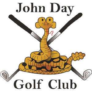 John Day Golf Club logo: A coiled cartoon rattlesnake in orange-yellow with brown markings and a forked red tongue in front of two crossed golf clubs, with 'John Day' above and 'Golf Club' below in black serif type.