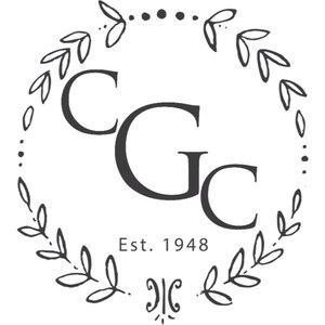 Gallatin Country Club logo: A charcoal 'CGC' serif monogram with a large central G and 'Est. 1948' inside a circular wreath of hand-drawn leaves and dots with a small ornamental flourish at the base.
