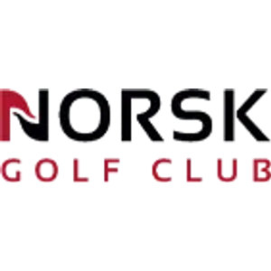 Norsk Golf Club logo: Wordmark 'NORSK' in black with the N formed by red and black swooshes, over 'GOLF CLUB' in spaced red capitals.