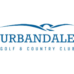 Urbandale Golf & Country Club logo: Blue wordmark 'URBANDALE' over 'GOLF & COUNTRY CLUB' in spaced capitals, topped by sweeping blue arc lines that meet at a small peak.