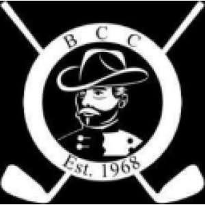 Beauregard Country Club logo: White line art on a black square: a mustached, goateed man in a wide-brimmed hat and buttoned military-style coat inside a white ring reading B C C and Est. 1968, over crossed golf clubs.
