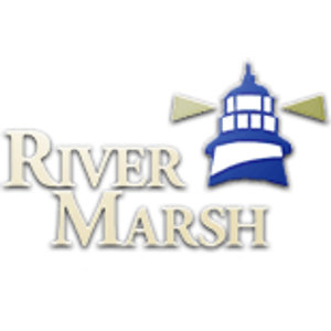 River Marsh Golf Club logo: A blue and white lighthouse with tan light beams beside the cream serif wordmark 'River Marsh'.
