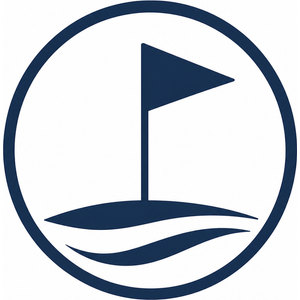Rockingham Country Club logo: A navy blue golf flag on a flagstick rising from wave lines, inside a navy circle on white.