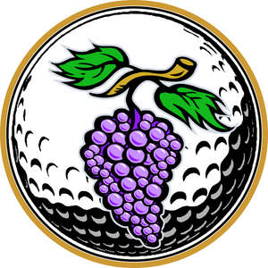 Pontotoc Country Club logo: A purple bunch of grapes with green leaves and a tan stem over a black-and-white dimpled golf ball, inside a gold ring.