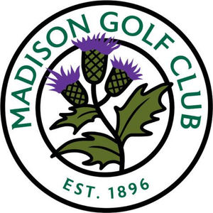 Madison Golf Club logo: Purple-flowered thistle with green leaves inside a black-outlined white ring lettered 'MADISON GOLF CLUB' in green, with 'EST. 1896' below.
