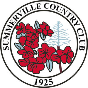Summerville Country Club logo: Circular seal reading SUMMERVILLE COUNTRY CLUB around red azalea blossoms with gray-blue leaves and a pale blue pine tree, the year 1925 below.