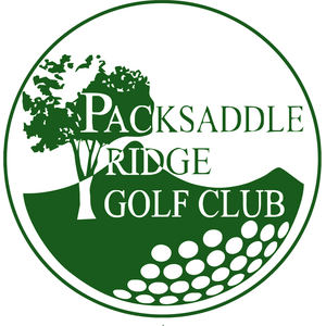 Packsaddle Ridge Golf Club logo: Green circular badge with a tree on a hill beside the words PACKSADDLE RIDGE GOLF CLUB and white golf-ball dimples across the lower hillside.