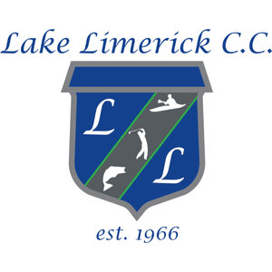 Lake Limerick Country Club logo: Blue and gray shield split by a green diagonal, with two script letter L's, a kayaker, a golfer and a leaping fish, under the script name Lake Limerick C.C. and est. 1966.