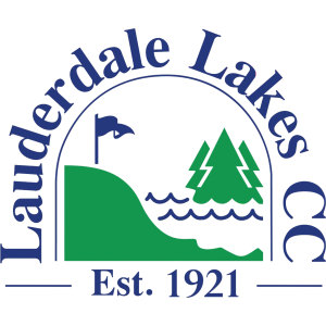 Lauderdale Lakes Country Club logo: Navy arched lettering reading Lauderdale Lakes CC over a green hillside with a navy pennant flagstick, green pine trees and blue waves, with Est. 1921 below.