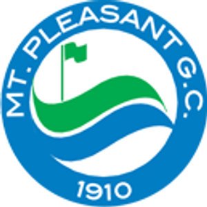 Mount Pleasant Golf Club logo: Blue circular badge lettered MT. PLEASANT G.C. with a green flag on a flagstick over green and blue waves and the year 1910.