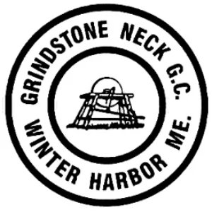 Grindstone Neck Golf Course logo: A black-and-white circular badge reading Grindstone Neck G.C. Winter Harbor ME. around a line drawing of a grindstone wheel in its frame with a sun behind it.