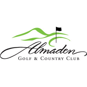 Almaden Golf and Country Club logo: Lime-green brushstroke hills with a black golf flag rising from them, above Almaden in black script and the words GOLF & COUNTRY CLUB.