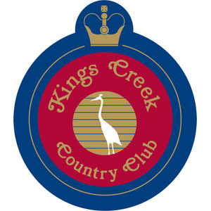 Kings Creek Country Club logo: A white heron before a gold striped sun inside a red ring reading Kings Creek Country Club, all on a navy badge topped with a gold crown.