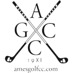 Ames Golf & Country Club logo: Two crossed golf clubs dividing the letters A, G, C, and C into quadrants, with 19X1 and amesgolfcc.com below, all in black on white.