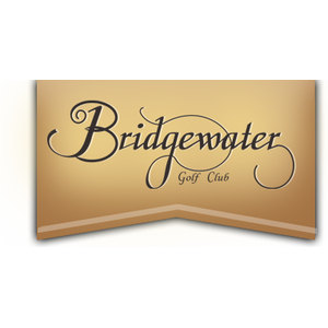 Bridgewater Golf Club logo: The word Bridgewater in black script with Golf Club beneath, set on a gold banner-shaped plaque with flourished lettering.