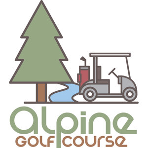 Alpine Golf Club logo: A flat-style green pine tree beside a golf cart carrying a red golf bag over a small blue stream, above the lowercase words alpine golf course in green and brown.