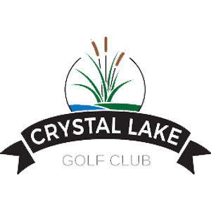 Crystal Lake Golf Club logo: Green cattails and marsh grasses above blue water, over a black ribbon banner reading Crystal Lake Golf Club, in green, blue, and black.
