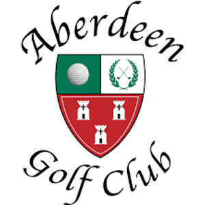 Aberdeen Golf Club logo: A quartered shield with a golf ball on green, crossed clubs in a wreath, and three white castle towers on red, encircled by the words Aberdeen Golf Club in black script.
